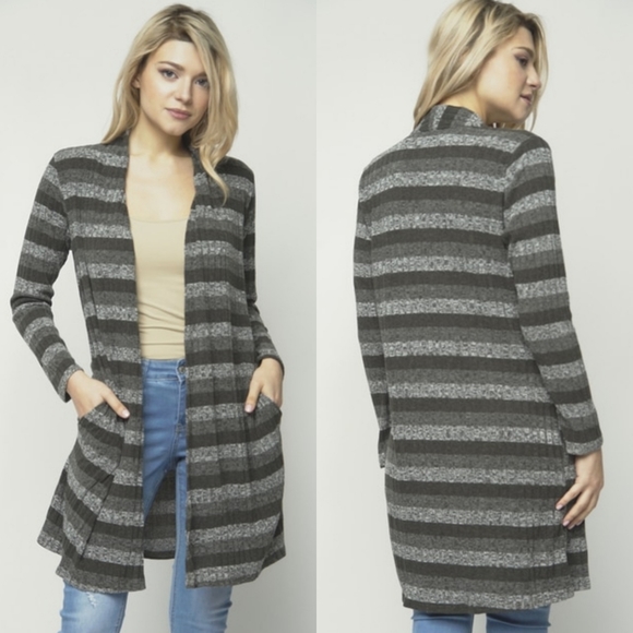 Crepas Sweaters - 🖤Gray Striped Long Open Cardigan